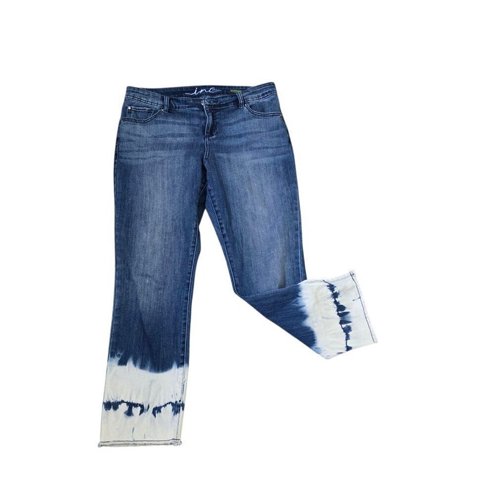 INC Denim Straight Leg Ankle Tie Dye Hem Jeans Womens Size 10 Blue